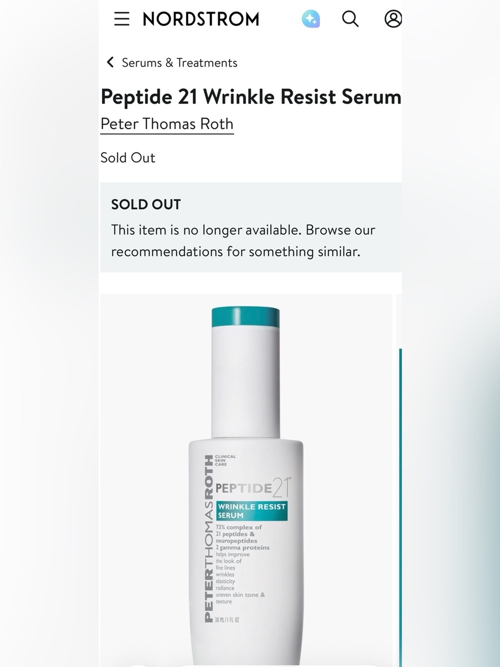 $125 Peter Thomas Roth Peptide 21 Wrinkle Resist Serum (30 ml / 1.0 fl oz)